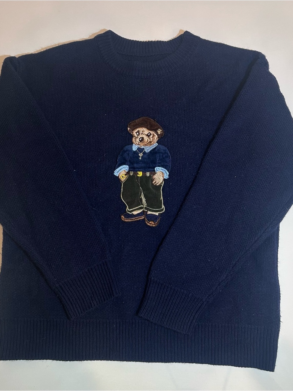 Embroidered Bear Crewneck Sweater - Navy
